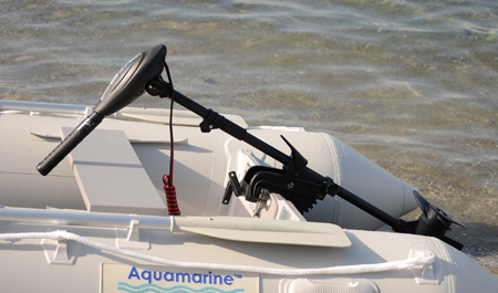 Electric trolling motor on inflatable boat